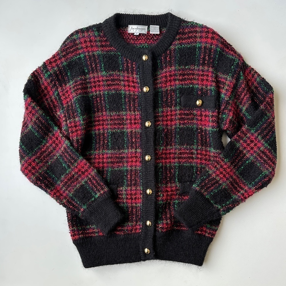 Vintage Jacobsons Holiday Plaid Sparkle Fuzzy Wool Blend Cardigan Sweater Petite